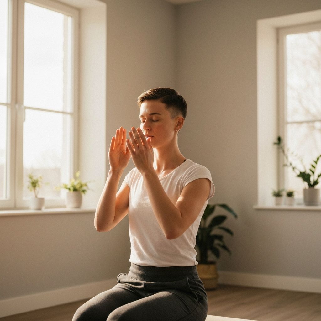 Person führt sanfte Augenbewegungsübungen aus, friedliche Umgebung mit natürlichem Licht