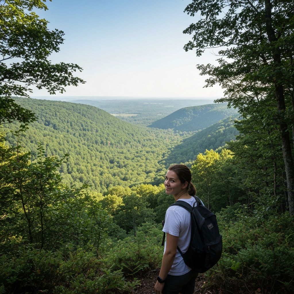 Person blickt in die Ferne auf eine Landschaft mit Bäumen und Horizont, künstlerische Naturkomposition