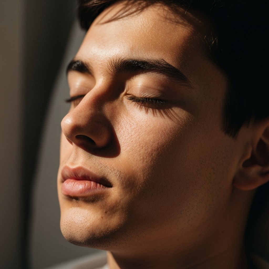 Großaufnahme einer Person mit geschlossenen Augen in friedlichem Zustand, weiches natürliches Licht