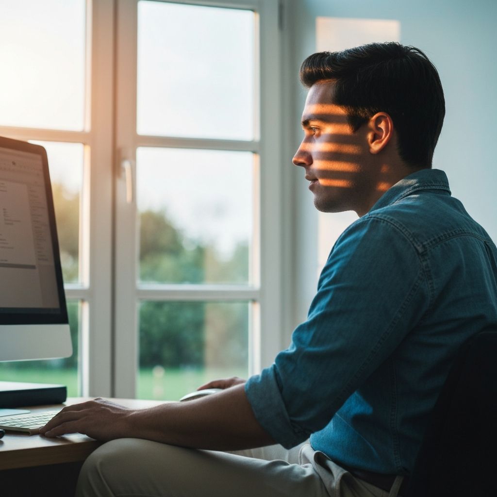 Person blickt vom Computerbildschirm zum Fenster mit natürlichem Licht